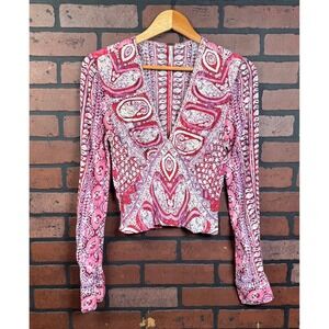 Free People Wild & Free Paisley Boho Long Sleeve Smock Crop Top V-Neck Womens XS